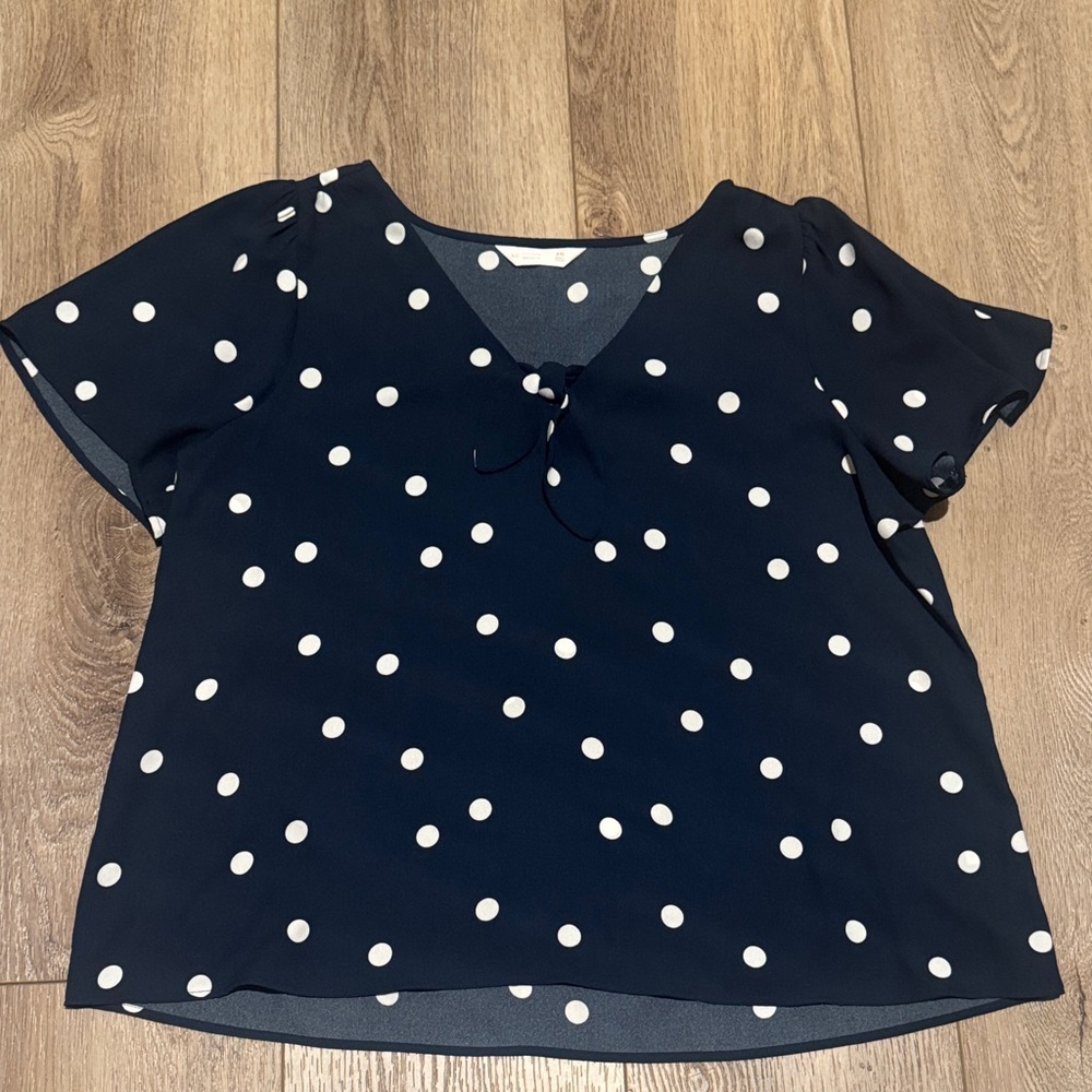 LC Lauren Conrad Navy and White Polka Dot Blouse